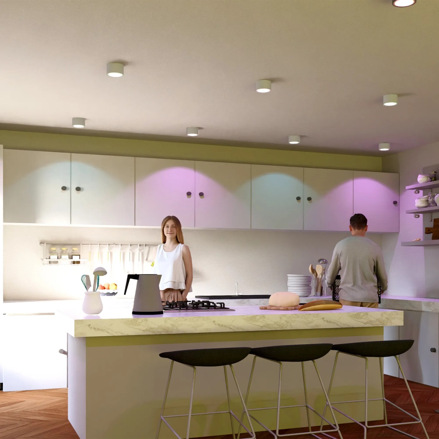 Moderne Küche mit weißen SSC-LUXon LED Aufbaustrahlern, smart gesteuert mit RGB CCT Licht.