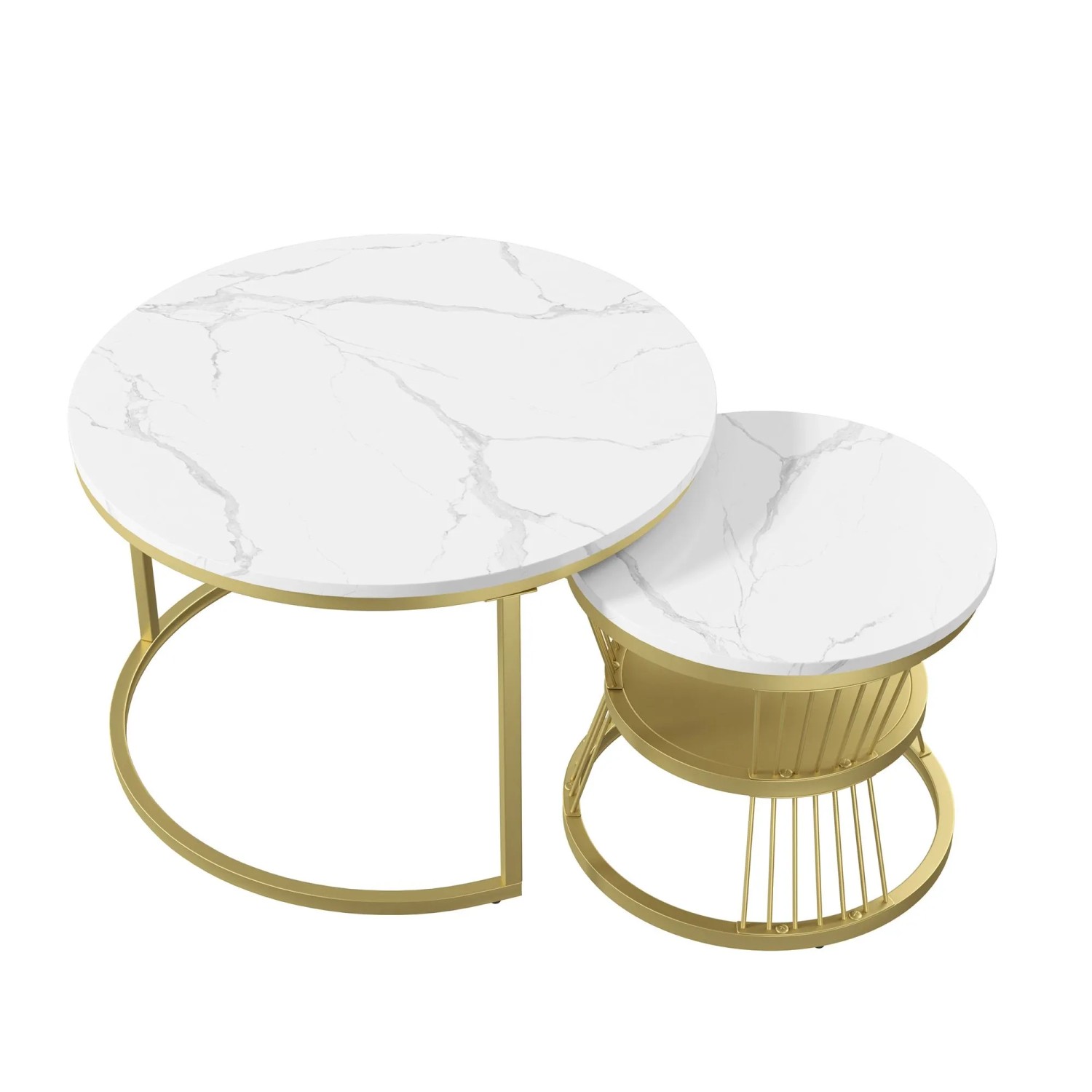 PXloue Satztisch Couchtisch Rund 2er Set Marmoroptik in Gold für Wohnzimmer