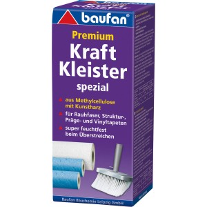 Baufan Premium Kraft Kleister Spezial 200g für Papiertapeten, Rauhfaser und mehr. Feuchtfest und transparent trocknend.
