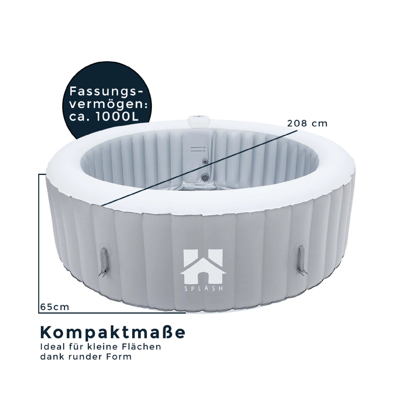 Grauer, runder Home Deluxe Whirlpool Splash, Ø 208 cm, für bis zu 6 Personen.
