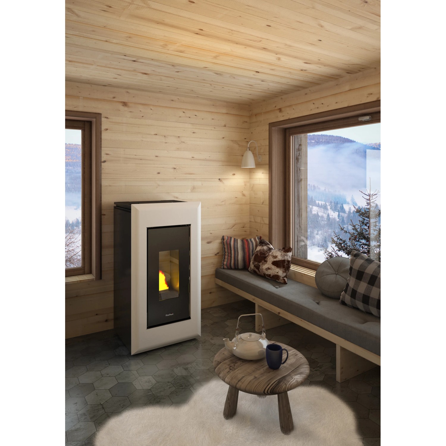 Freepoint Pelletofen Vega, Stahl weiß, 10,5 kW, im Wohnraum mit Holzverkleidung.
