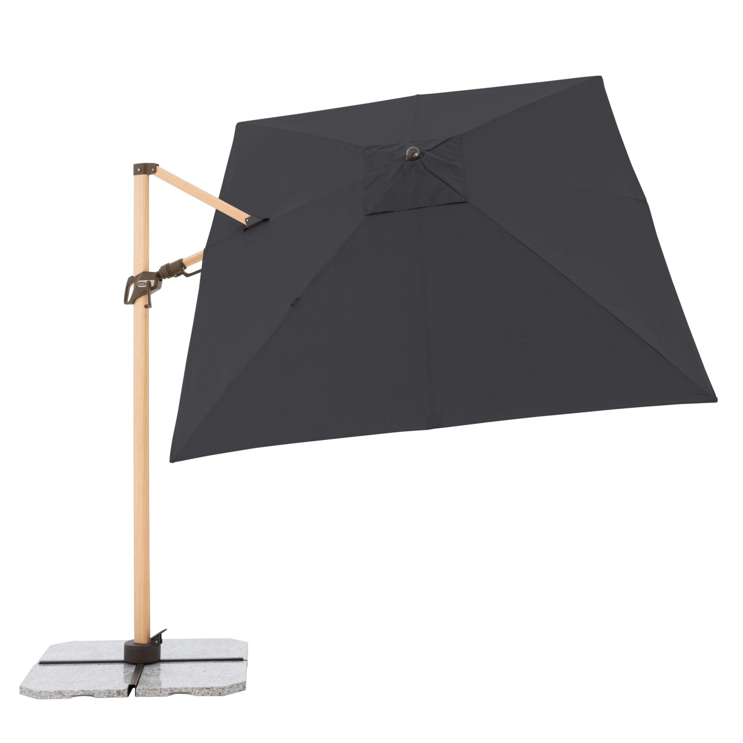 Anthrazitfarbener Pendelschirm ALU WOOD AX Ultra, 220x300 cm, mit hellem Eschenholz-Look.