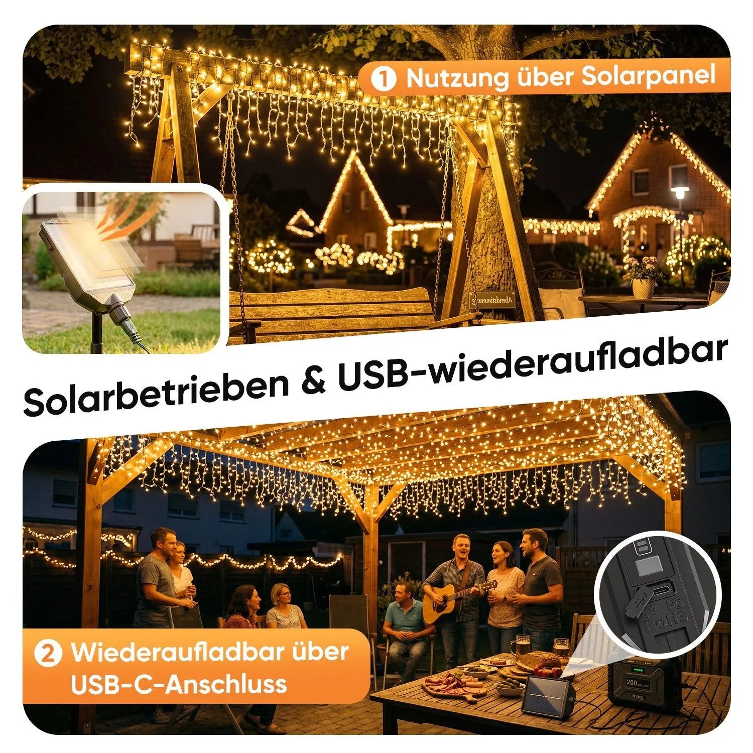 Warmweiße Salcar Solar Eiszapfen-Lichterkette beleuchtet Garten & Pergola. Solar- & USB-Betrieb für flexible Weihnachtsbeleuchtung.