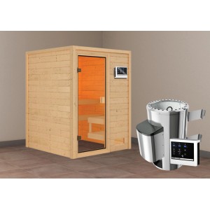 Karibu Sauna Sandra mit Ofen und externer Steuerung, aus Massivholz in Natur.