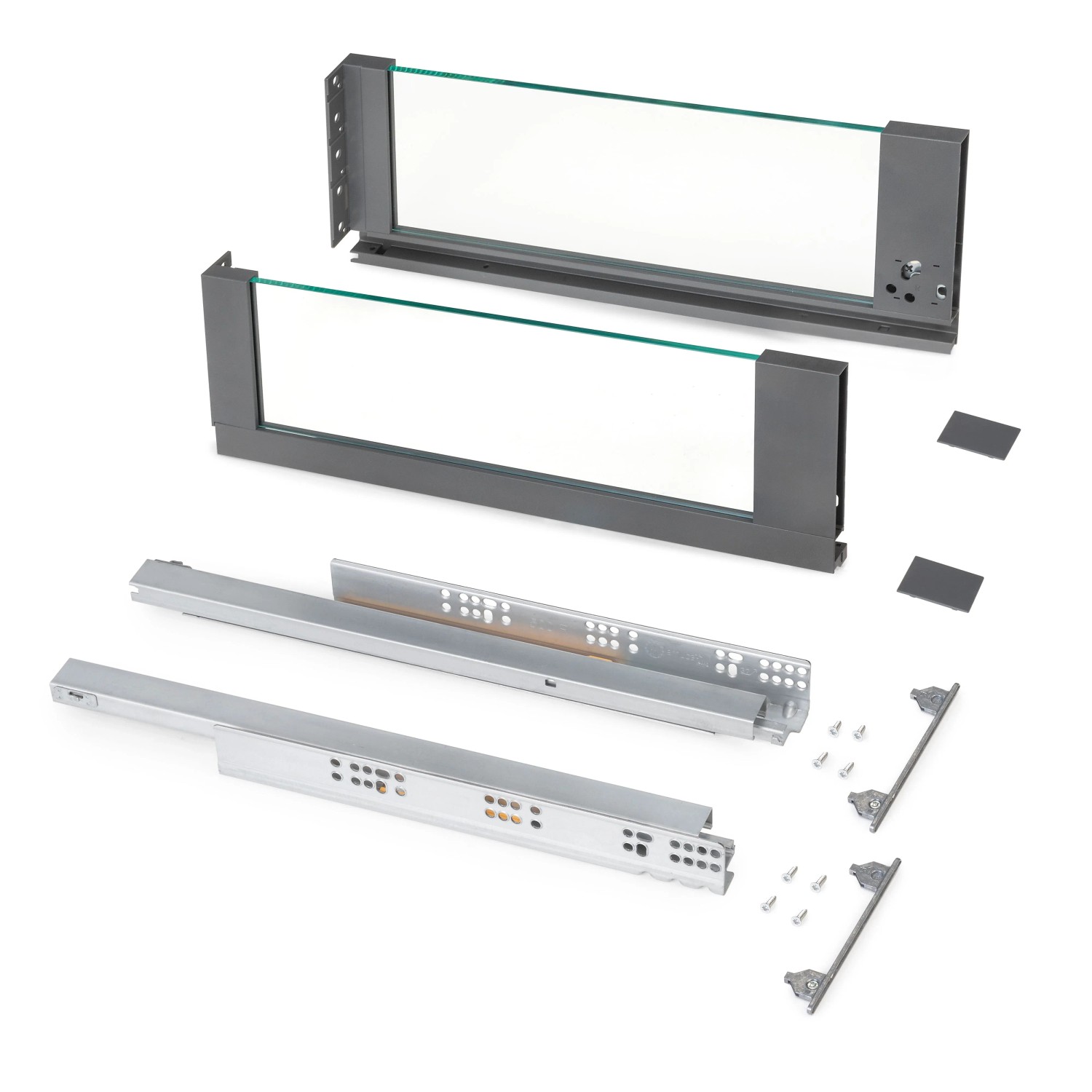 Emuca Außenschublade Vertex 40 kg mit Glas-Einschubelement 178 mm Hoch 500 mm Tief Stahl und Aluminium und Glas AnthrazitGrau