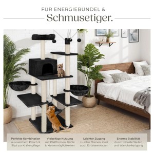 Schwarzer Tectake Kratzbaum Lilou (165 cm) mit Sisal-Säulen, Liegemulden und Katzenhaus.