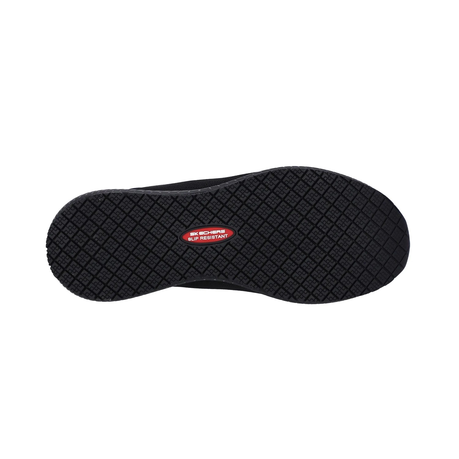 Schwarze Skechers Damen Arbeitsschuh-Laufsohle mit rutschhemmendem Profil und rotem Slip Resistant Logo für sicheren Halt.