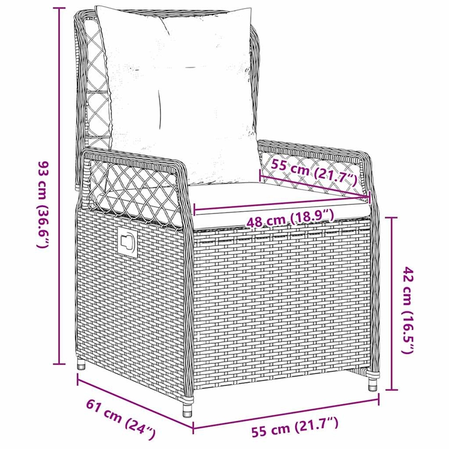 Skizze eines schwarzen vidaXL Gartenstuhls aus Rattan mit Kissen und Maßangaben.