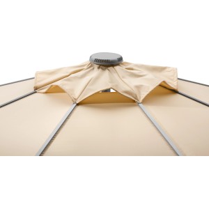 Detailaufnahme: Naturfarbener Schneider Marktschirm Ø 350 cm mit Kurbelmechanik.