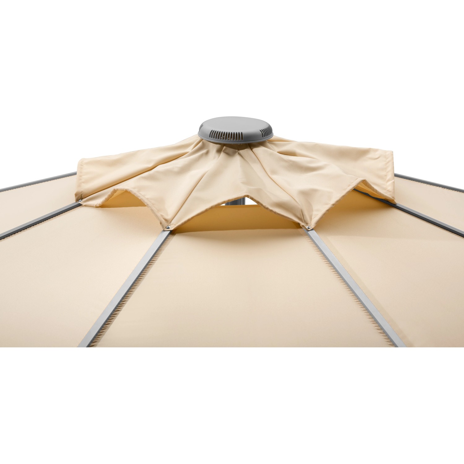 Detailaufnahme: Naturfarbener Schneider Marktschirm Ø 350 cm mit Kurbelmechanik.