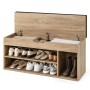 Moderne Schuhbank in Naturholzoptik mit Sitzfläche, offenen Fächern und aufklappbarem Stauraum für Schuhe.