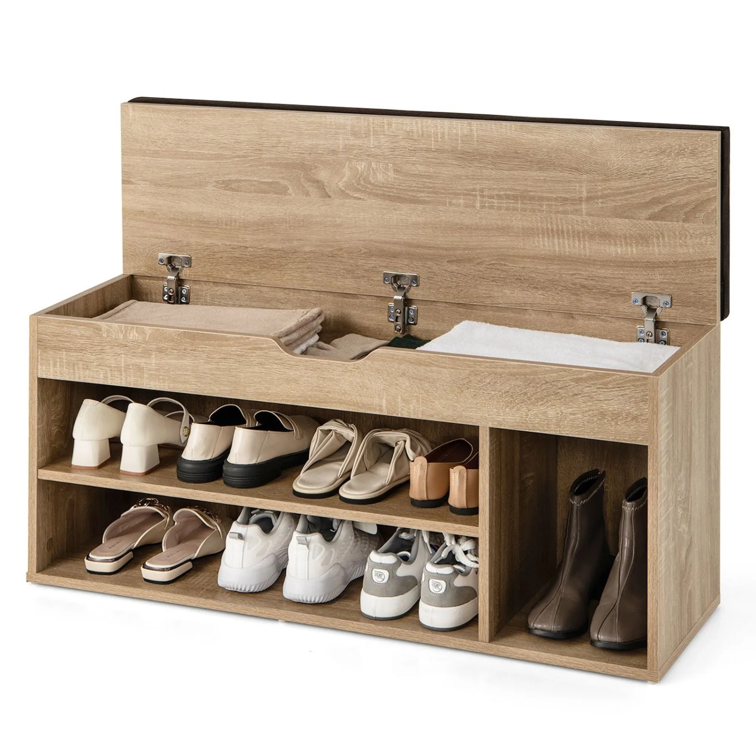 Moderne Schuhbank in Naturholzoptik mit Sitzfläche, offenen Fächern und aufklappbarem Stauraum für Schuhe.