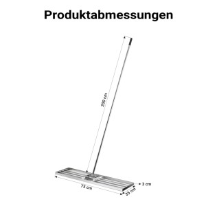 Wiltec Edelstahl Rasenrakel mit Stiel, Maße 75x35x3 cm, Stiel 200 cm. Illustration der Produktabmessungen für Rasenpflege.