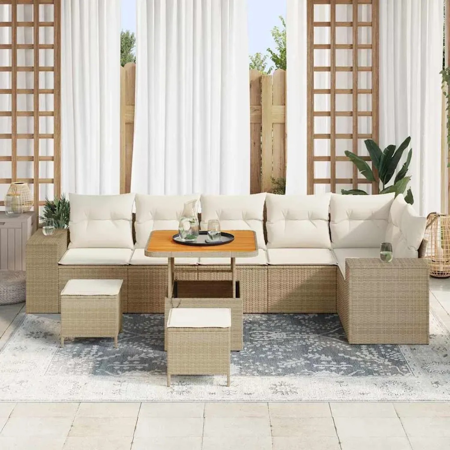 Beiges 9-teiliges Garten-Sofa-Set aus Poly Rattan von vidaXL. Gartenmöbel mit Tisch und Hockern.