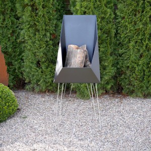 VASNER Merive M4 Feuerkorb, eckig, schwarz, mit Holzfüllung und Edelstahlbeinen.