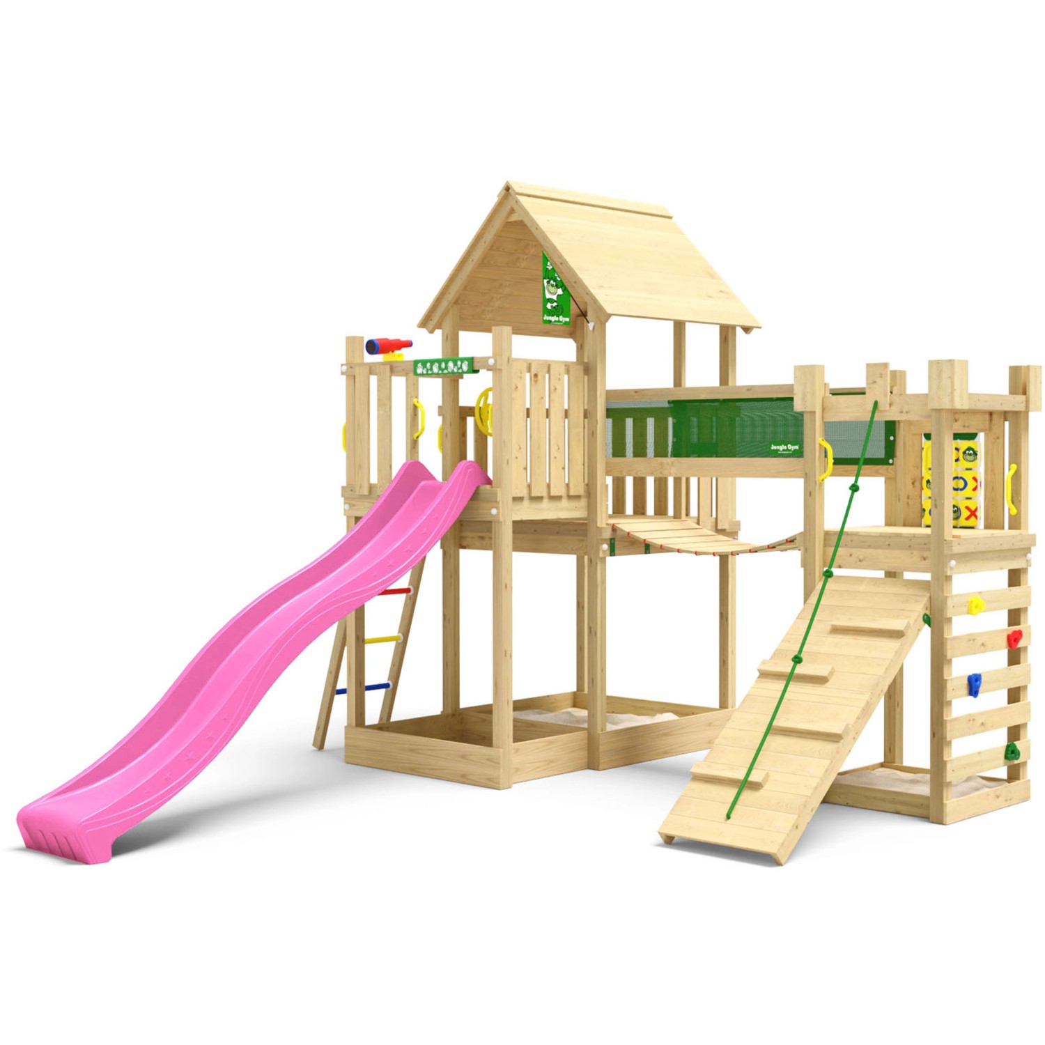 Jungle Gym Spielturm Lookout Holz Wackelbrücke Kletterrampe Rutsche Fuchsia günstig online kaufen