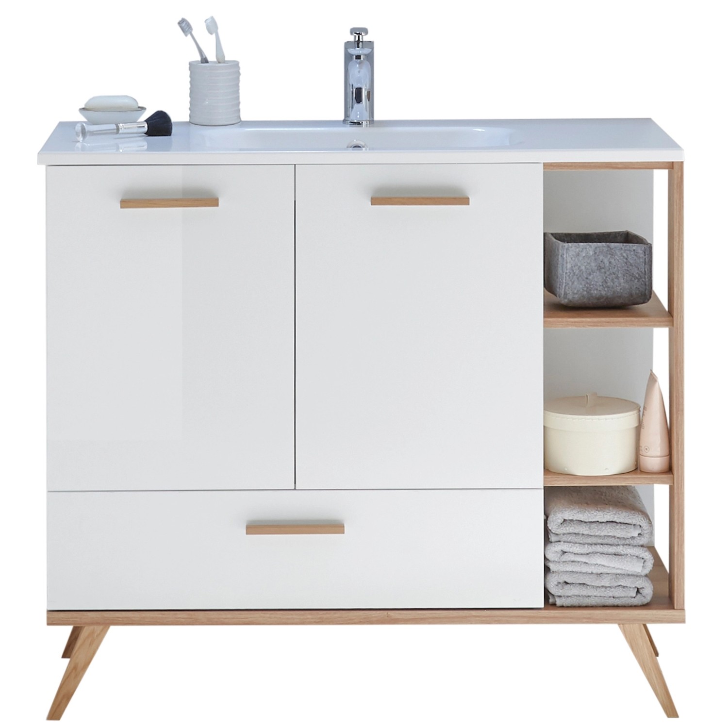 Pelipal Badmöbel-Set Quickset 923, 6-teilig, Weiß/Riviera Eiche, mit Spiegelschrank. Moderner Waschtischunterschrank.