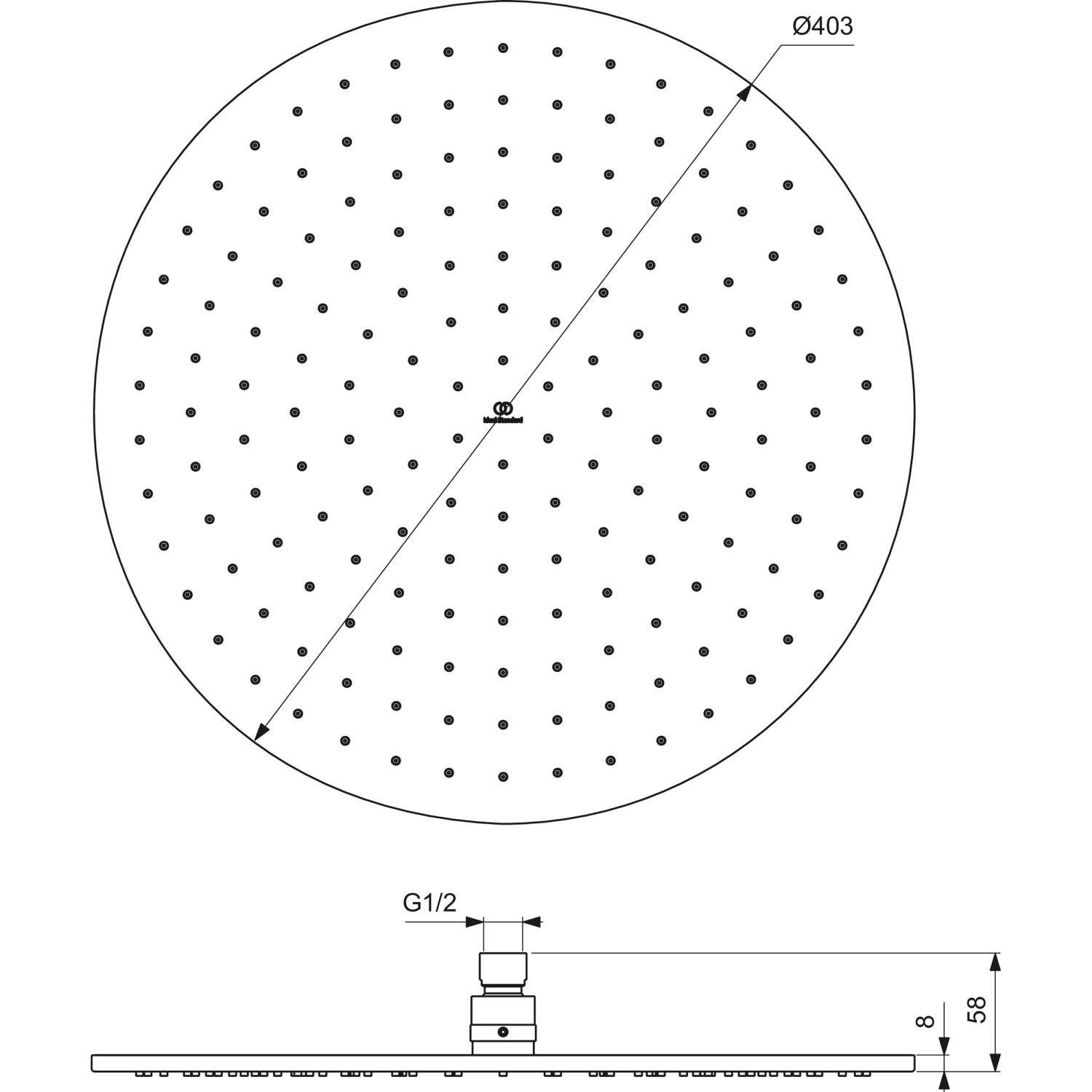 Technische Zeichnung: Runde Ideal Standard Kopfbrause Idealrain Atelier, Ø400mm, gebürstetes Gold.