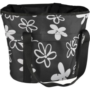 Fischer Lenker-Einkaufskorb Textil, schwarz mit weißen Blumen, für Fahrräder.