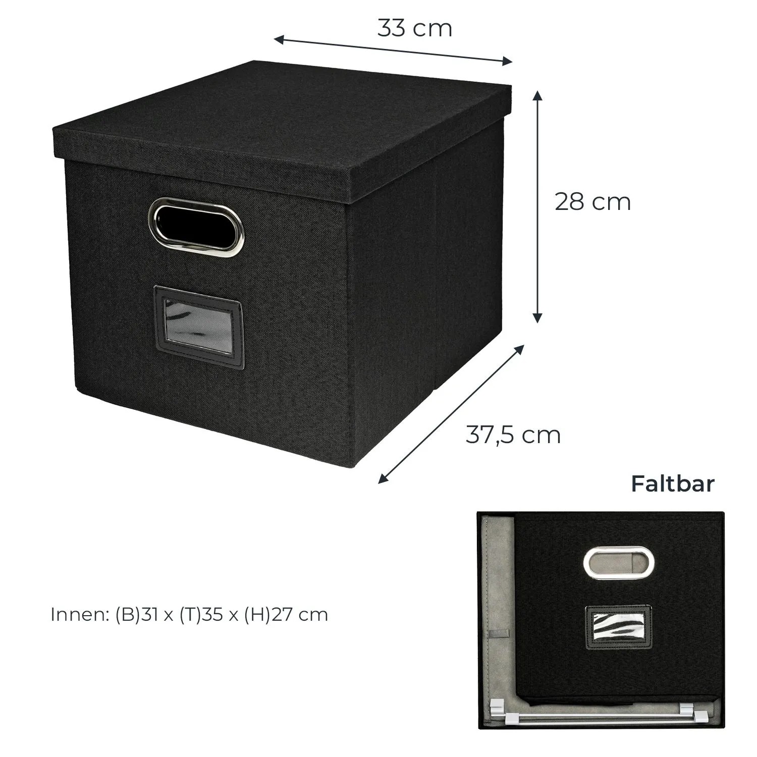 Schwarze HMF Aufbewahrungsbox mit Deckel, geeignet für DIN A4 Hängeregister und Kallax Regale.
