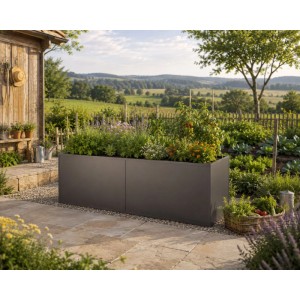 Anthrazit-graues KGT Aluminium-Hochbeet 210 mit Pflanzen auf einer Terrasse im Garten. Ideal für rückenfreundliches Gärtnern.