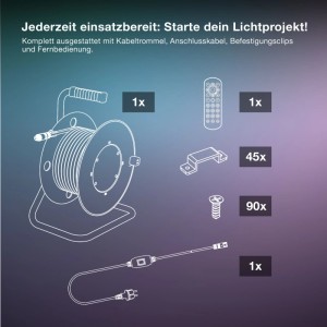 Zubehör für OSRAM LED Streifen: Kabeltrommel, Fernbedienung, Befestigungsclips, Schrauben und Anschlusskabel.
