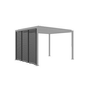 Anthrazitfarbene, feststehende MWH Lamellenwand (93cm) an einer Pergola, für Sicht- und Sonnenschutz.