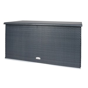 Anthrazitfarbene Wilk Aufbewahrungsbox in Rattanoptik mit Gasdruckfedern, 61x118x64 cm.
