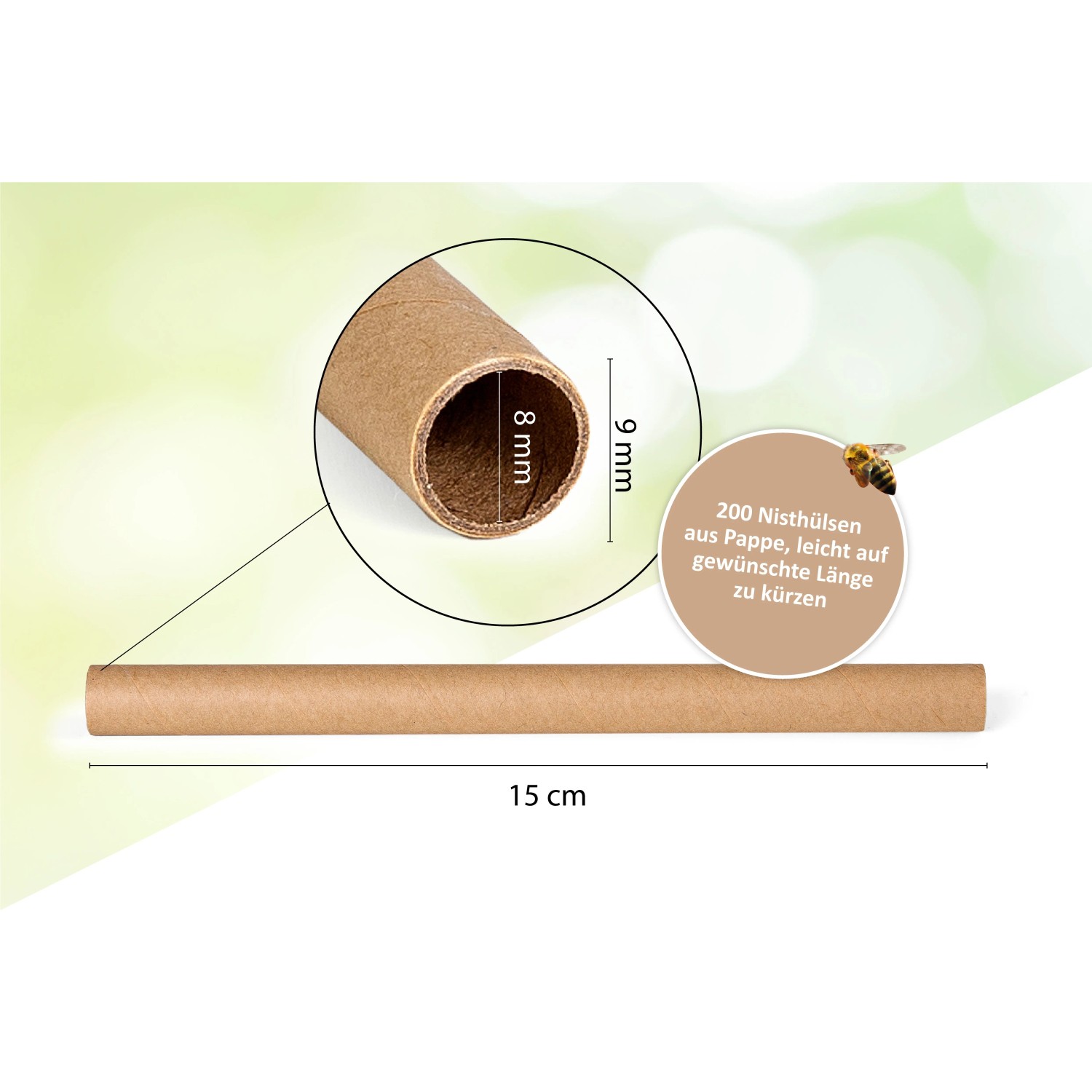 Braune Nisthülse aus Karton, 15 cm lang, Ø 8 mm, für Insektenhotels. Leicht kürzbar.