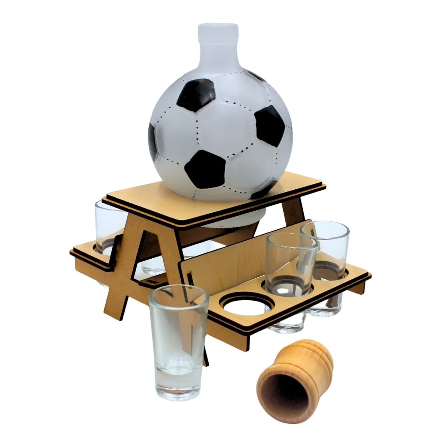 Holz Bank mit Fußball-Karaffe und 6 Schnapsgläsern. Geschenkset für Fußballfans, Barzubehör.