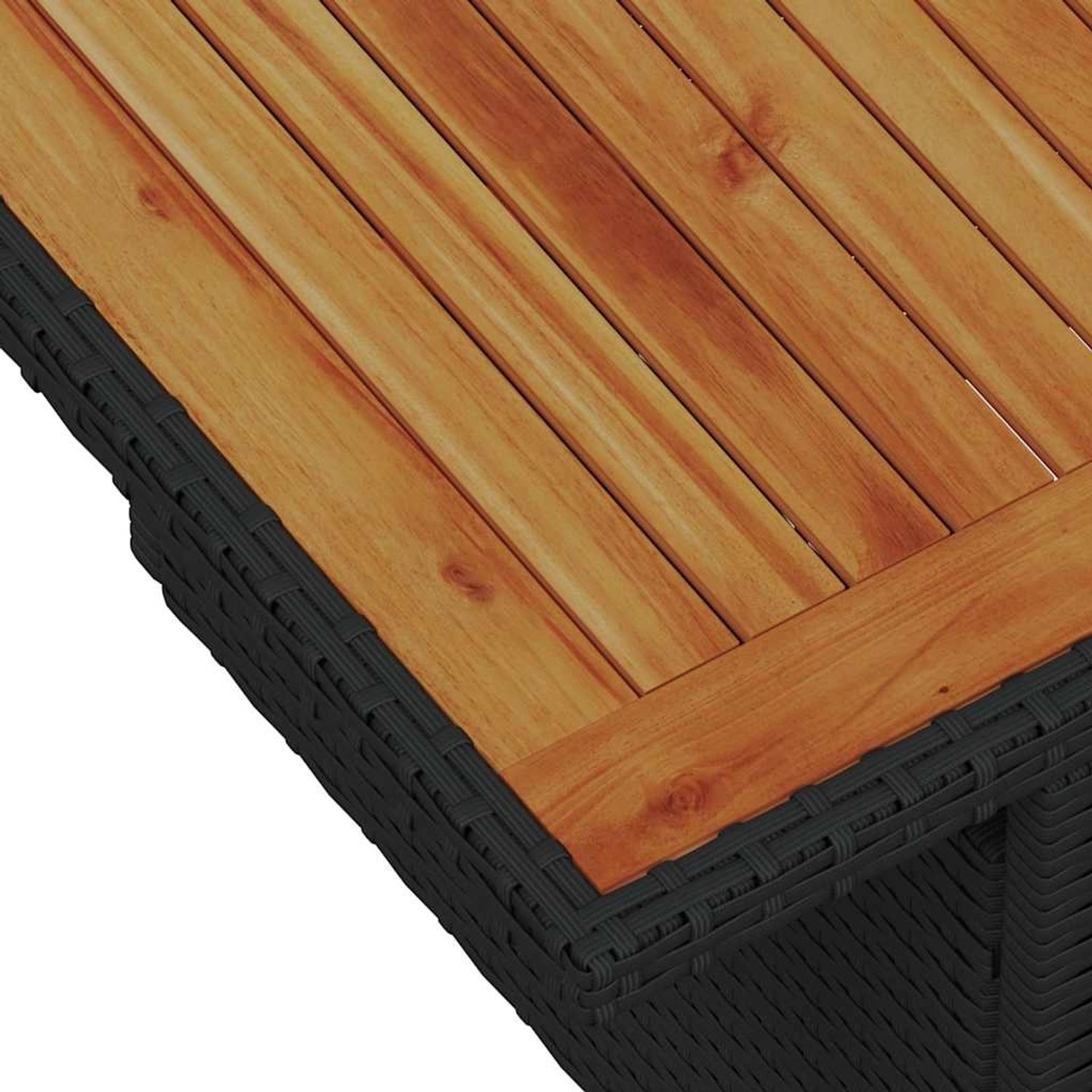Detailansicht Gartentisch des vidaXL Garten-Sofa-Sets aus schwarzem Poly Rattan mit Holzplatte.