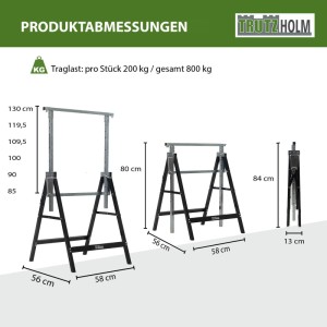 TRUTZHOLM 4x Arbeitsbock, höhenverstellbar, bis 800 kg, Stahl, schwarz lackiert, verschiedene Ansichten mit Maßen.