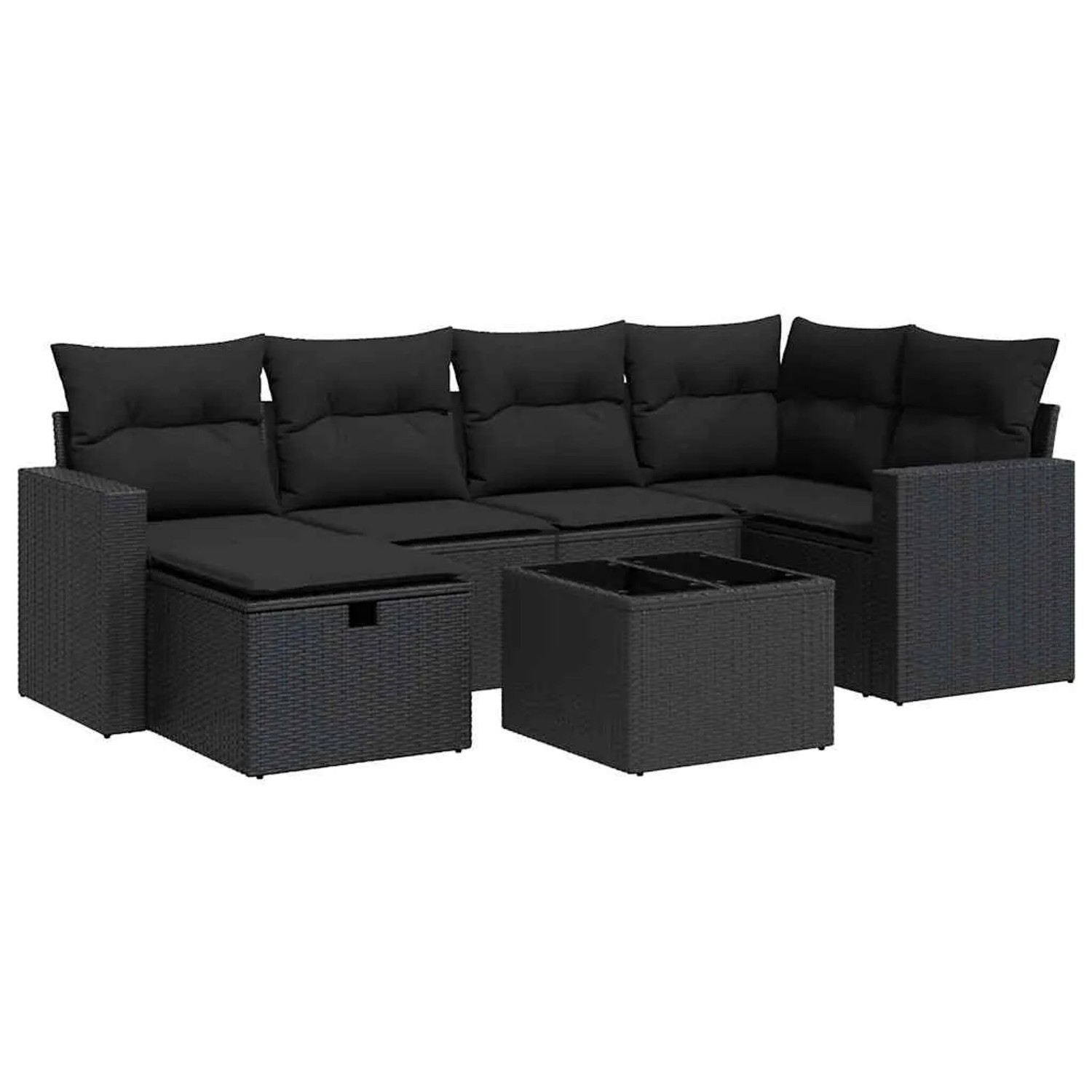 vidaXL 7-Tlg Garten-Sofagarnitur mit Kissen Schwarz Poly Rattan 3325391