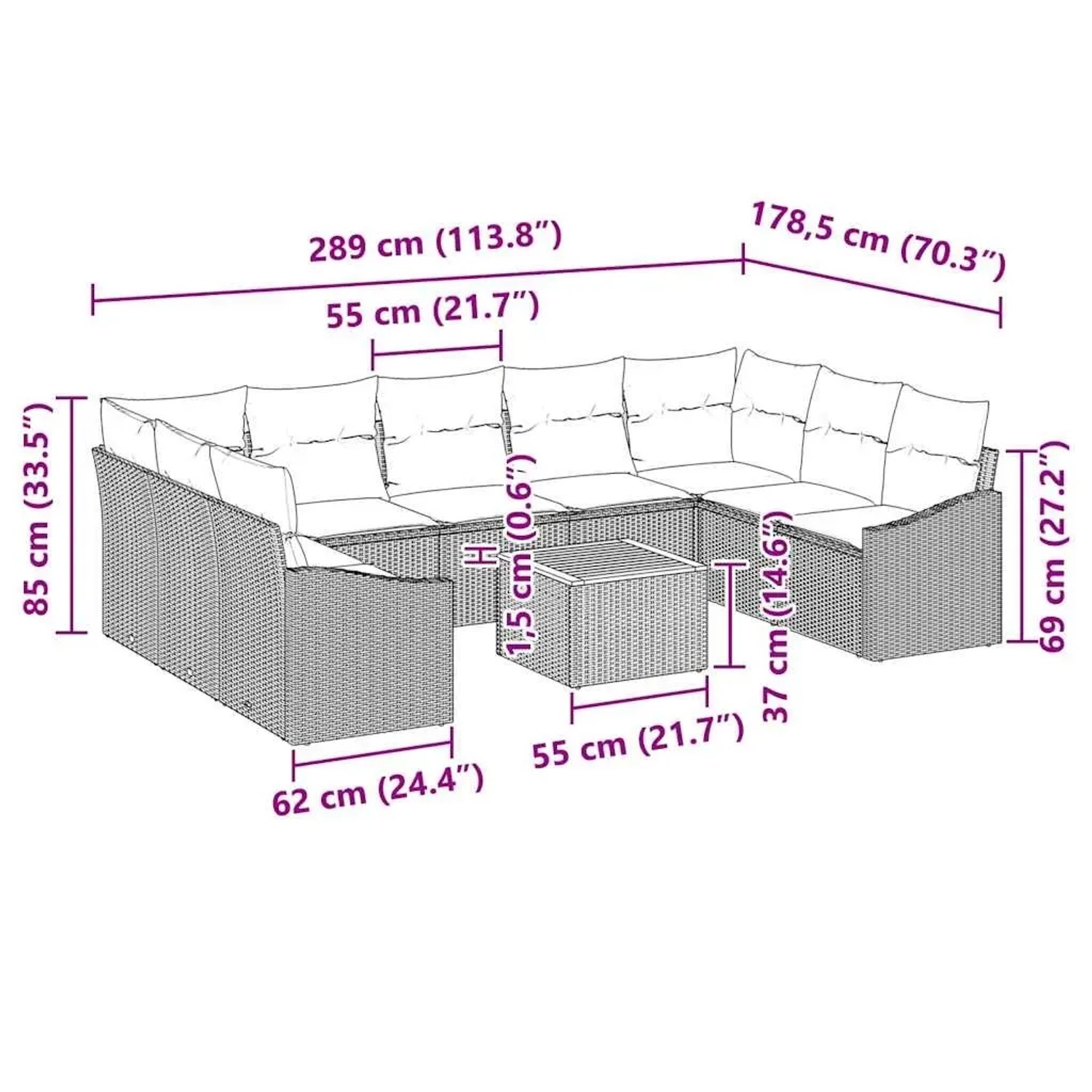 vidaXL Gartenmöbel-Set, 10-teilig, beige Poly Rattan, mit Maßangaben.