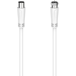 Weißes Hama Antennenkabel, SAT-Anschlusskabel mit F-Stecker und Koax-Kupplung, 1,5m, 90dB.