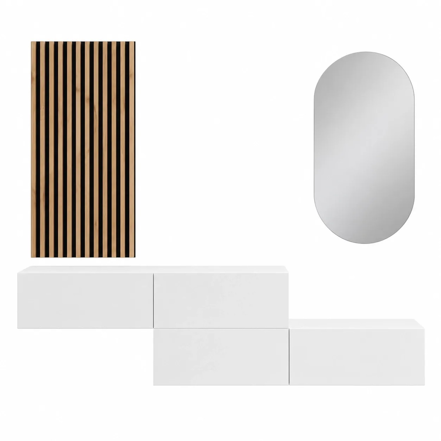 Planetmöbel Flurgarderobe Set 2 x 160 cm Weiß mit Wandpaneel und Spiegel ohne LED Beleuchtung