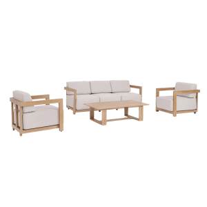 Loungeset THESEUS in Holzoptik mit Sofa, Sessel und Tisch für den Garten.