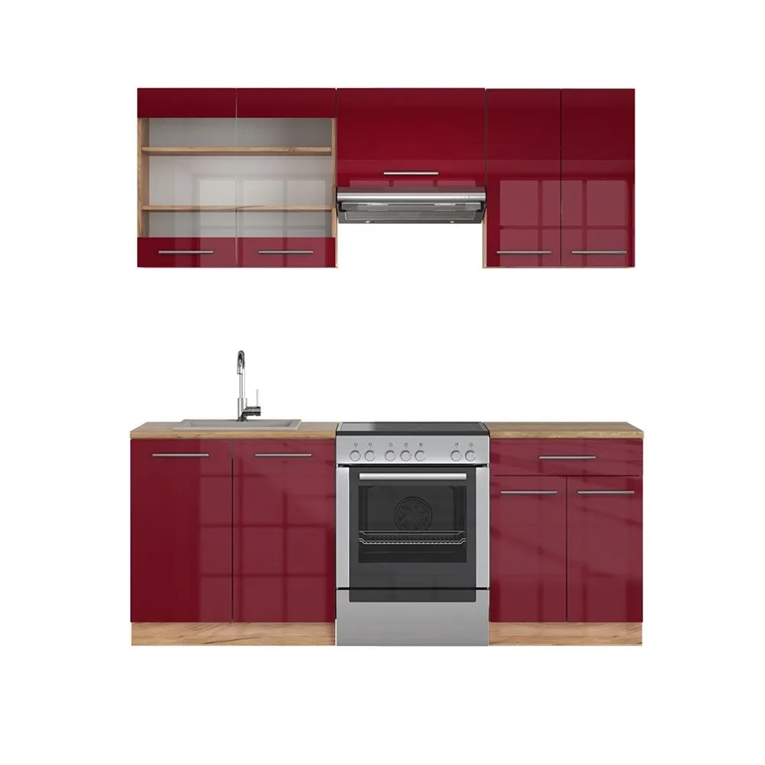 Vicco Fame-Line Küchenzeile Bordeaux Hochglanz Goldkraft Eiche 200 cm ohne Arbeitsplatte ohne E-Geräte
