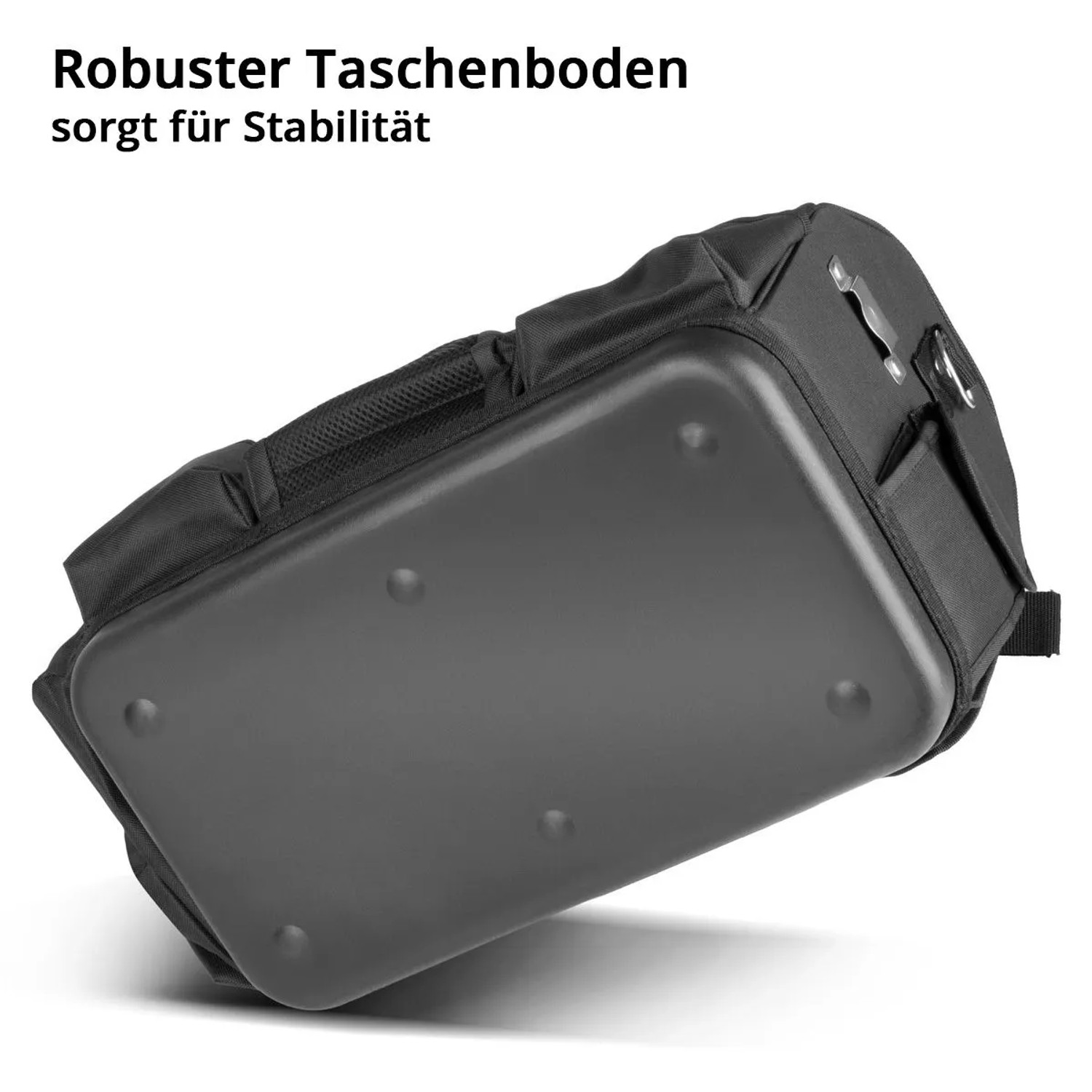 STAHLWERK Werkzeugtasche: Detailaufnahme des robusten, schwarzen Kunststoffbodens für Stabilität.