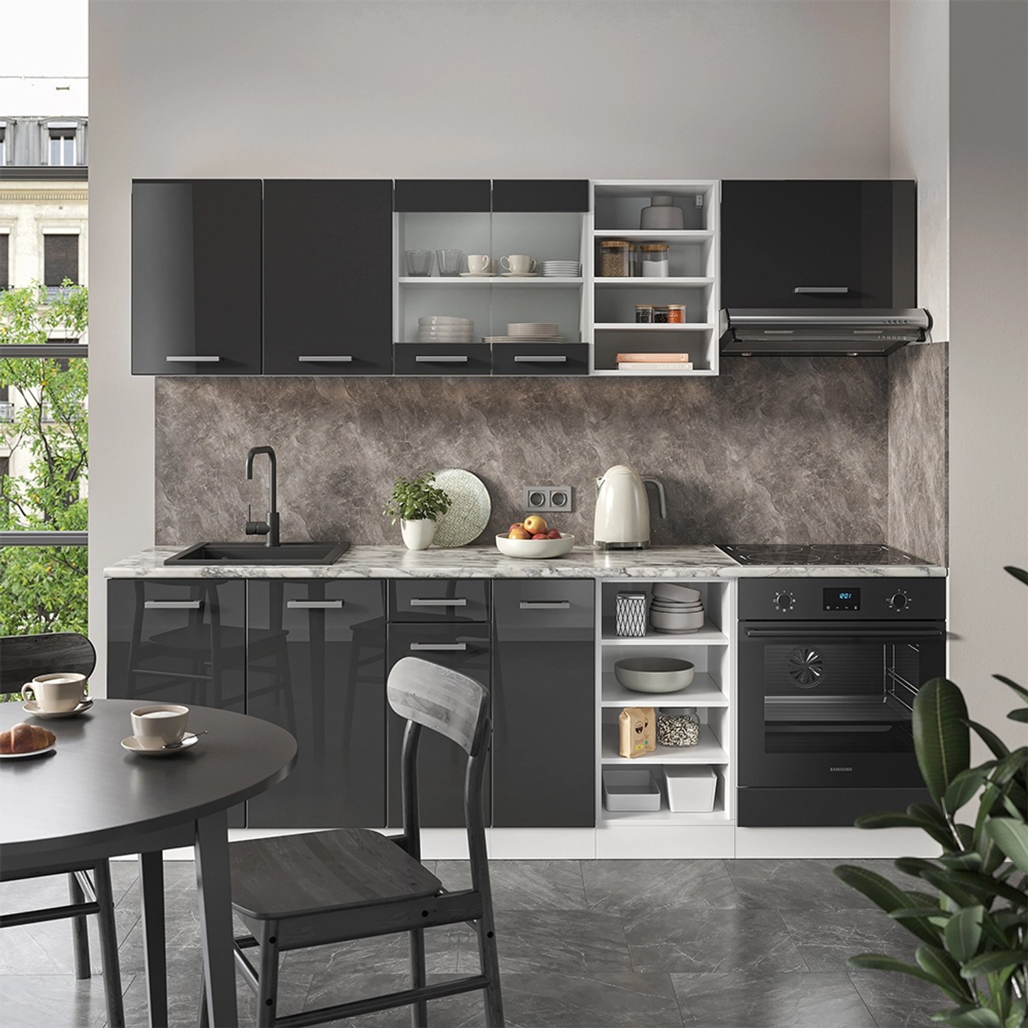 Moderne Vicco Küchenzeile R-Line in Anthrazit Hochglanz/Weiß mit Eiche Arbeitsplatte, 240 cm breit.