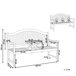 Skizze der Beliani Gartenbank Heller Holzfarbton 54x150x102 mit Maßen.