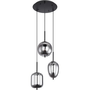 Moderne, 3-flammige Globo Pendelleuchte Blacky mit rauchfarbenen Lampenschirmen aus Metall.