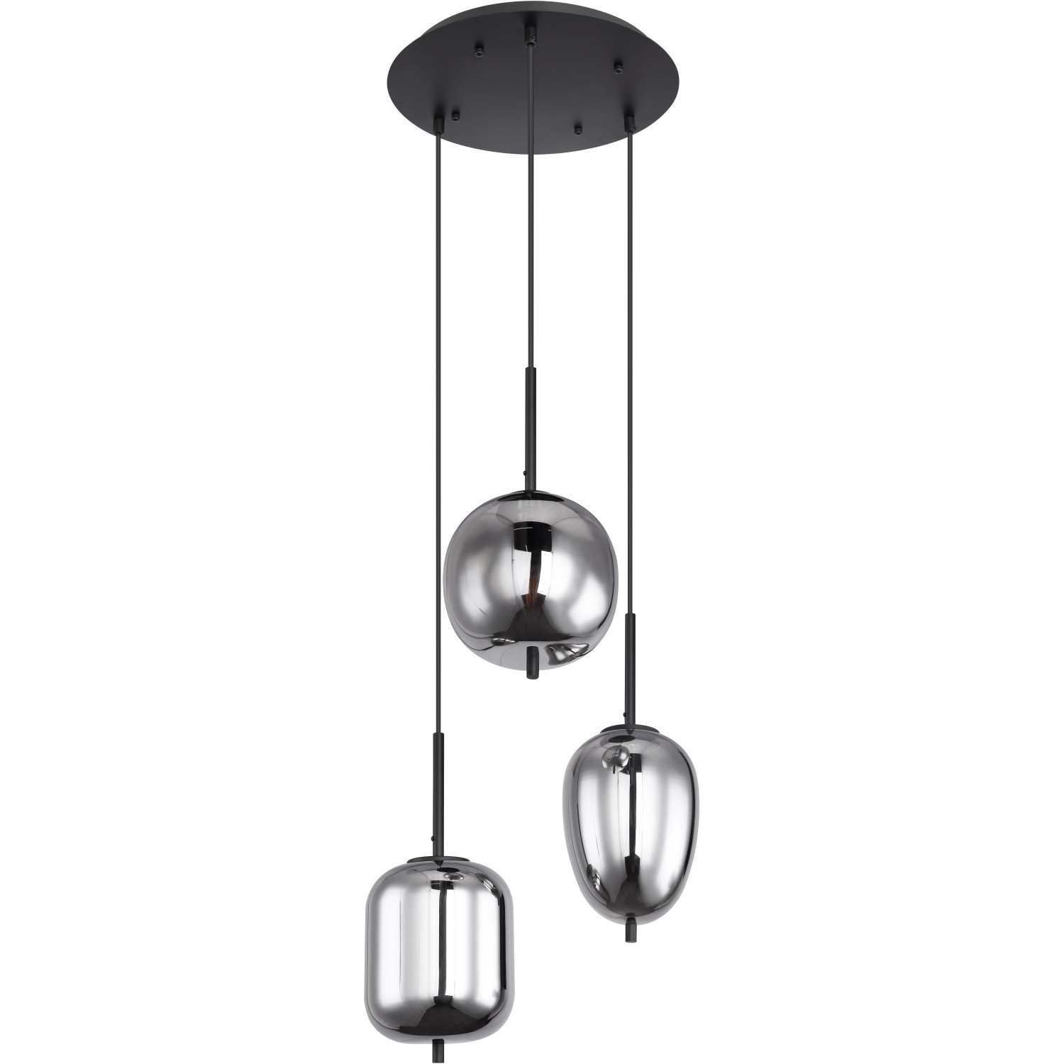Moderne, 3-flammige Globo Pendelleuchte Blacky mit rauchfarbenen Lampenschirmen aus Metall.
