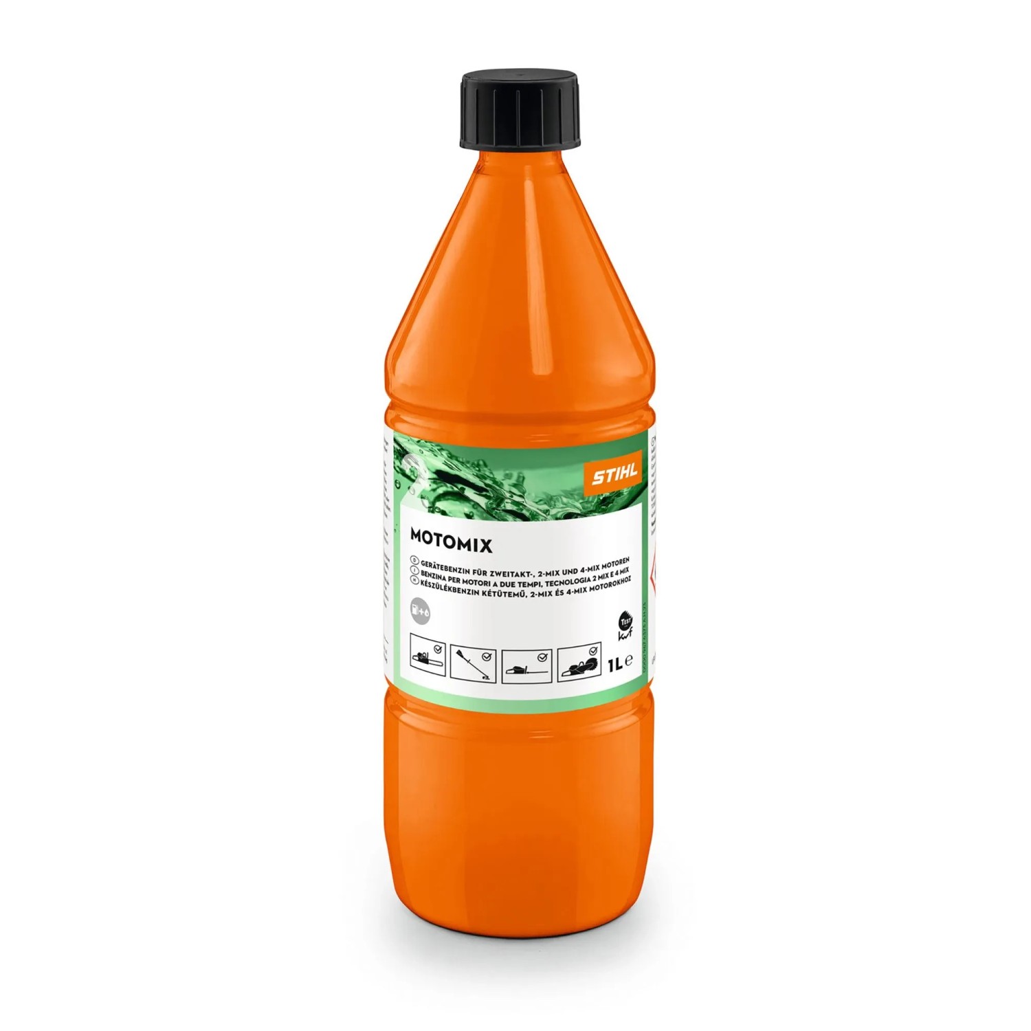 Stihl MotoMix 1 l Kraftstoffgemisch in oranger Flasche mit schwarzem Deckel für 2-Takt-Motoren und Kettensägen.