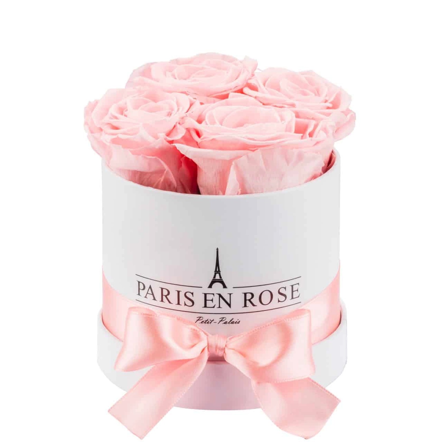 Rosenbox Ø 10 cm Weiß mit Schleife und 4 Rosa Rosen