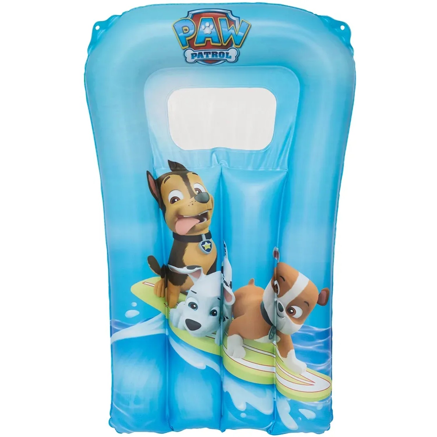 Blaue Happy People Paw Patrol Luftmatratze mit Sichtfenster und den Charakteren Chase, Marshall und Everest.