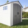 Lifetime Gerätehaus Fox, anthrazit-graues Kunststoff-Gartenhaus mit Doppeltür und Fenster.