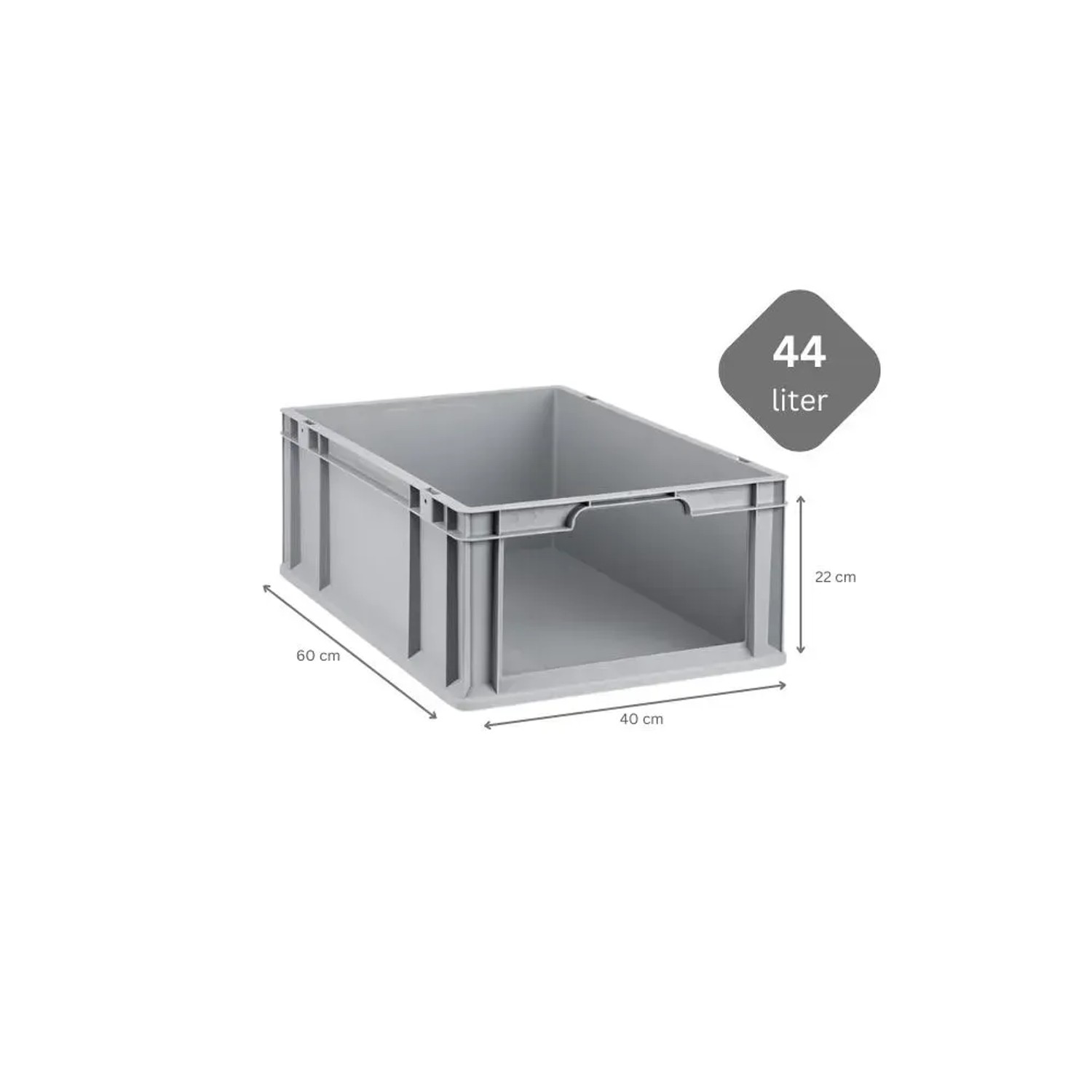 Graue PROREGAL Eurobox NextGen Store, 44 Liter, mit offener Front und Maßangaben.