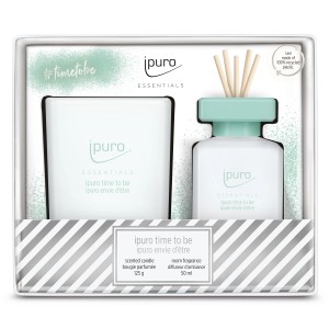 Ipuro Essentials Set: Raumduft und Duftkerze Time To Be (Hellblau-Weiß).