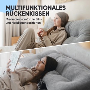Graues Björn&Schiller Rückenkissen (70cm) mit waschbarem Bezug als Rückenstütze und Lesekissen.